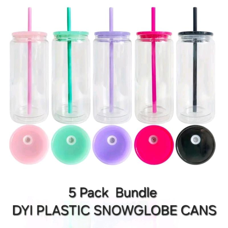 5 Pack DYI Snowglobe Plastic Can Cups Crafting Project Snow Globe Drinkware Set Tumbler Washable Reusable Portable Mug